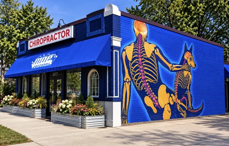 Moe Bodyworks clinic exterior with blue awning and human-and-animal chiropractic mural